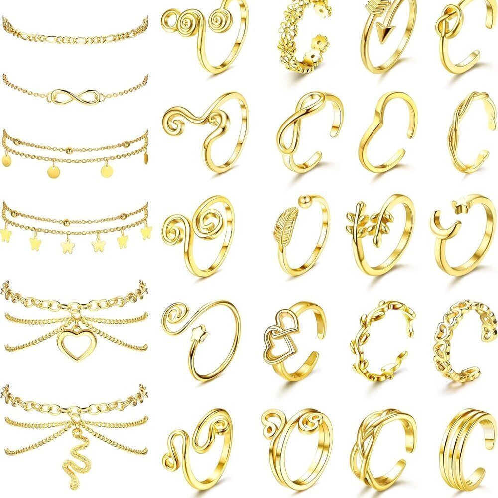 Women Toe Rings Ankle Bracelets Set Silver Rose Gold Summer Jewelry Gift